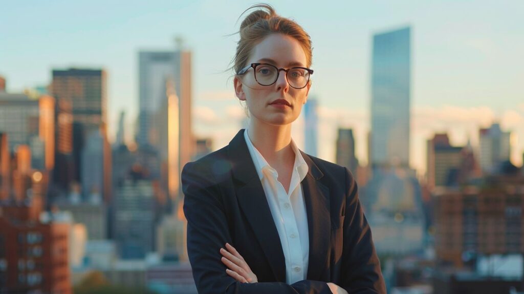 Emily Gladstein arbeitet konzentriert an einem modernen Laptop in einem hell beleuchteten Büro