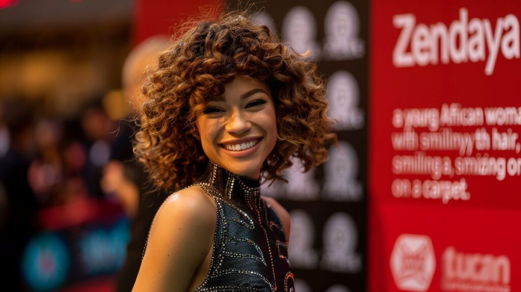 Zendaya lächelnd bei einer Filmpremiere, elegant in einem Designerkleid