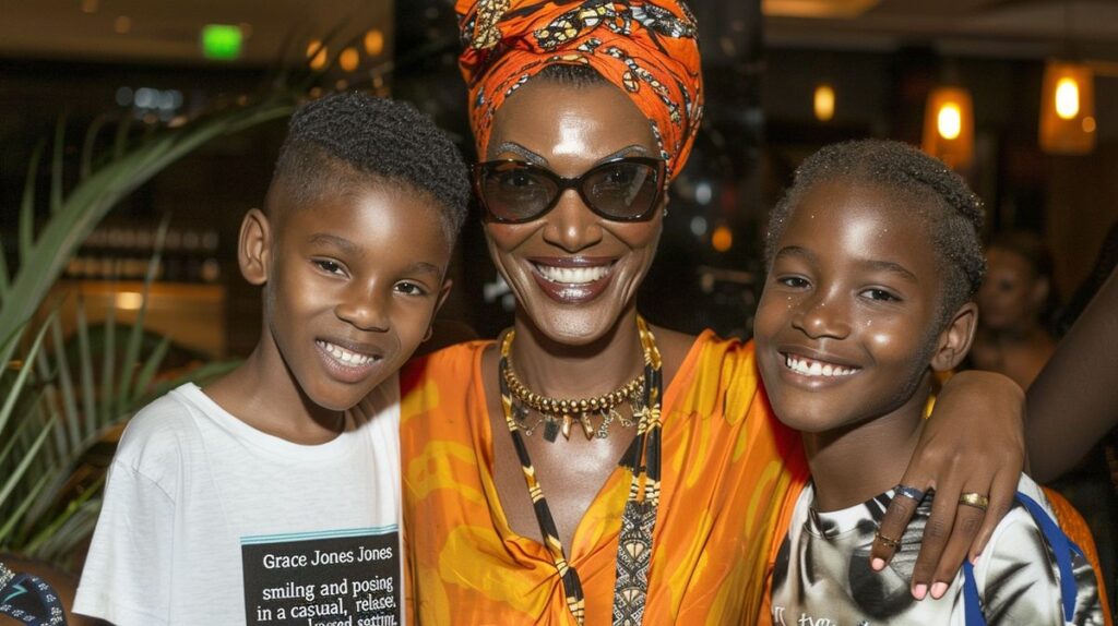 Grace Jones mit ihren Kindern auf einem Familienfoto, lächelnd und glücklich