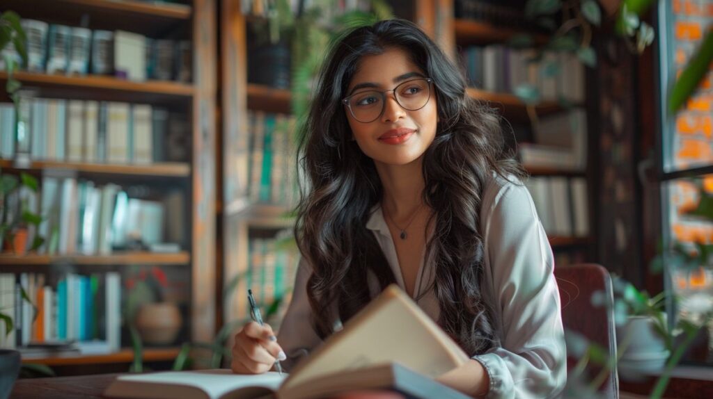 Kavita Sharma Biografie, lachend während einer Buchlesung in einer Bibliothek