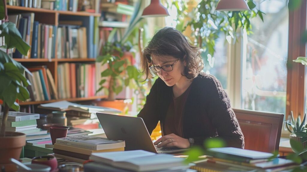 Svenja Jauch Biografie, lächelnde Frau in einem Büro mit Laptop