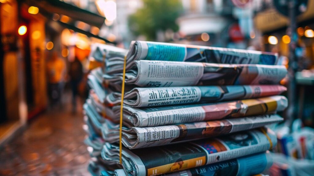 Ina Ruck Ausbildung während einer Nachrichtensendung, professionelle Journalistin am Schreibtisch mit Mikrofon und Unterlagen