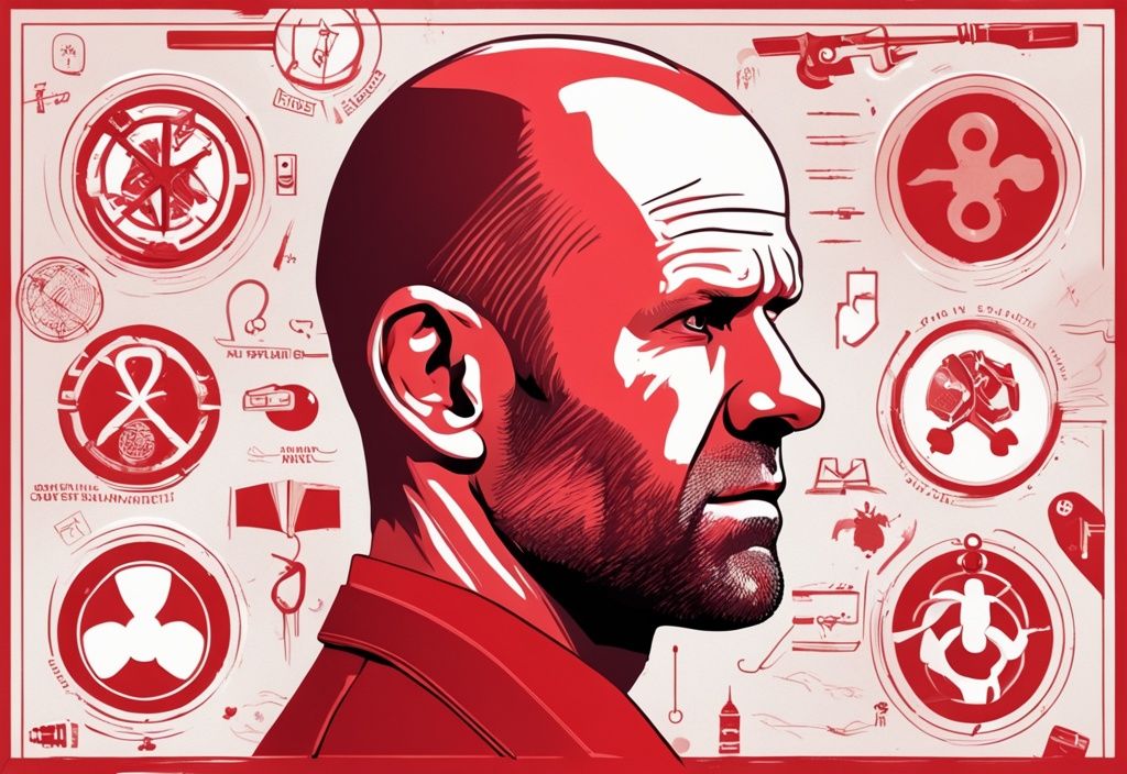 Realistische Illustration von Jason Statham in nachdenklicher Pose mit medizinischen Symbolen und Icons, Hauptfarbthema rot