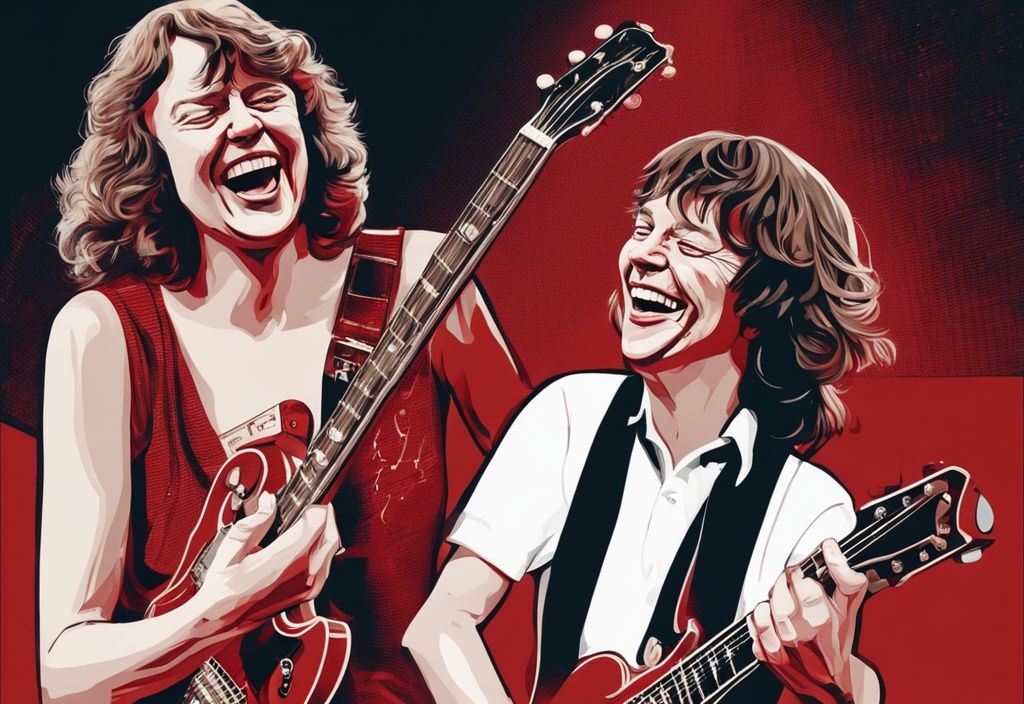 Angus Young Ehefrau lachen privater Moment rotes Farbschema