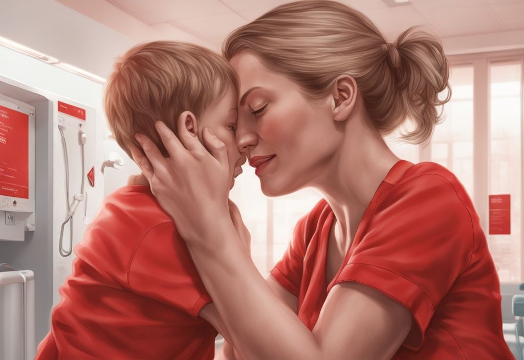 Isabell Werth und ihr Sohn zeigen Stärke und Resilienz im Krankenhaus, realistische Illustration, rotes Farbschema