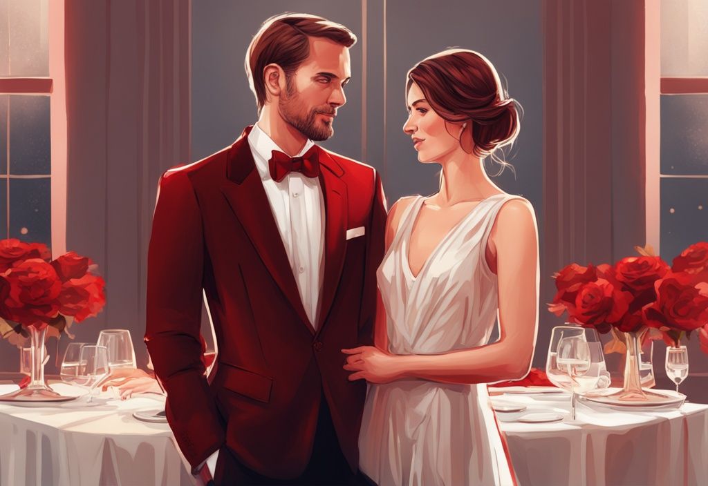 Realistische Illustration von Christian Keller und seiner Ehefrau, beide elegant gekleidet und sich bei einem formellen Event liebevoll anblickend, Hauptfarbe Rot.