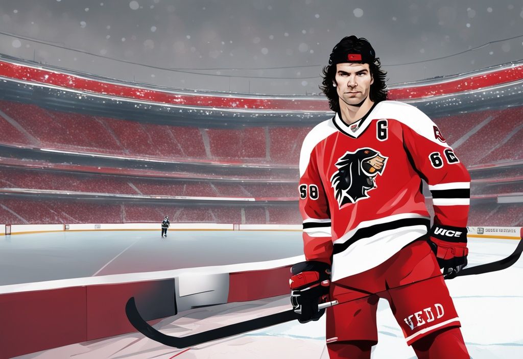 Jaromir Jagr in Hockeyuniform, luxuriöse Umgebung, hohe Nettovermögen, rotes Farbschema