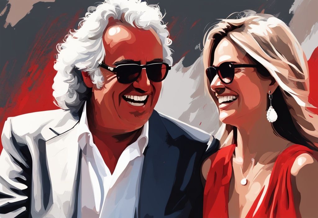 Flavio Briatore und Ehepartnerin in eleganter Kleidung, lachend in einem spontanen Moment, rotes Farbschema