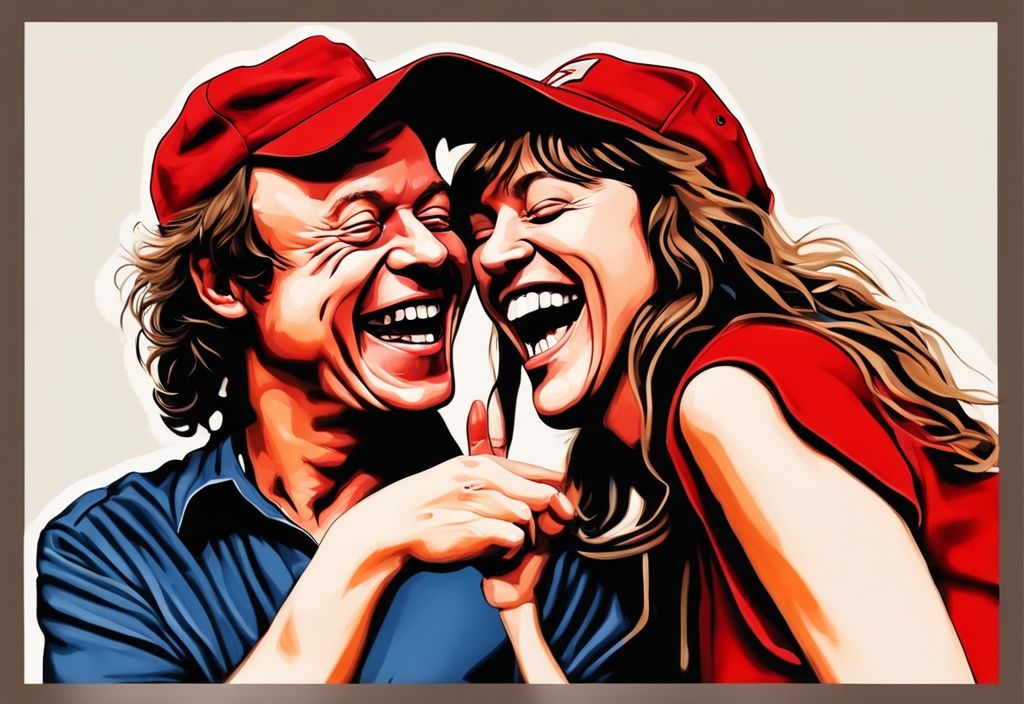 Angus Young und seine Frau Ellen lachen herzlich in einem realistischen roten Bild.