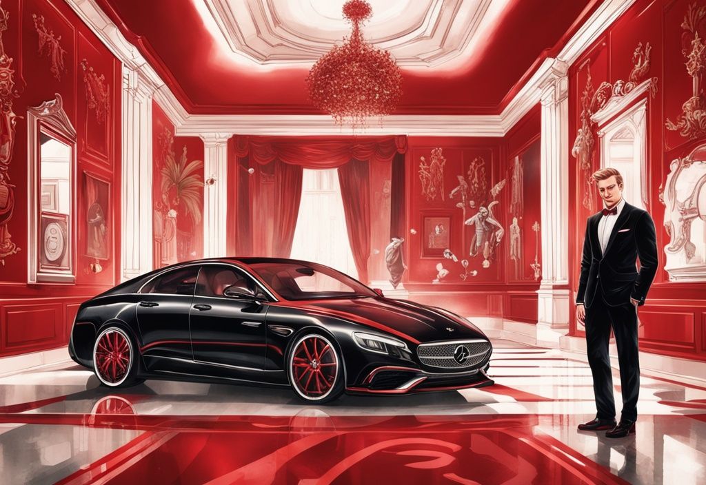 Realistische Illustration von Niclas Rehmann in luxuriösem Ambiente mit teuren Autos, High-End-Technologie und einer prächtigen Villa, symbolisierend Niclas Rehmann Vermögen.