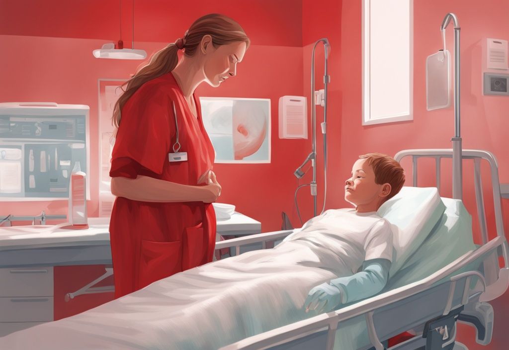 Isabell Werth und ihr Sohn in einem Krankenhaus, zeigen Stärke und Resilienz, Hauptfarbe Rot, realistische Illustration