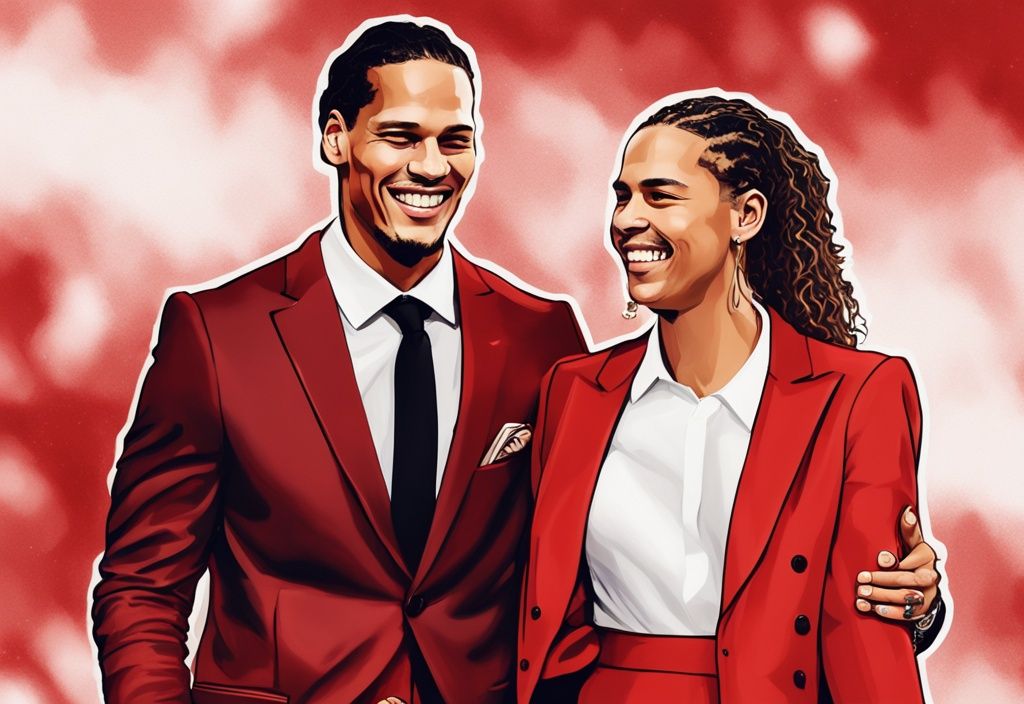 Virgil van Dijk und Freundin elegant gekleidet, lächelnd und Hand in Hand bei einer hochkarätigen Veranstaltung