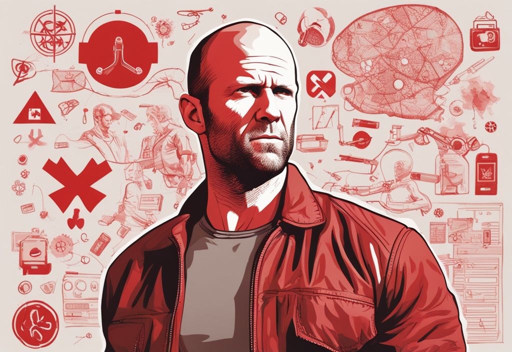 Nachdenklicher Jason Statham mit medizinischen Symbolen und roten Farbtönen