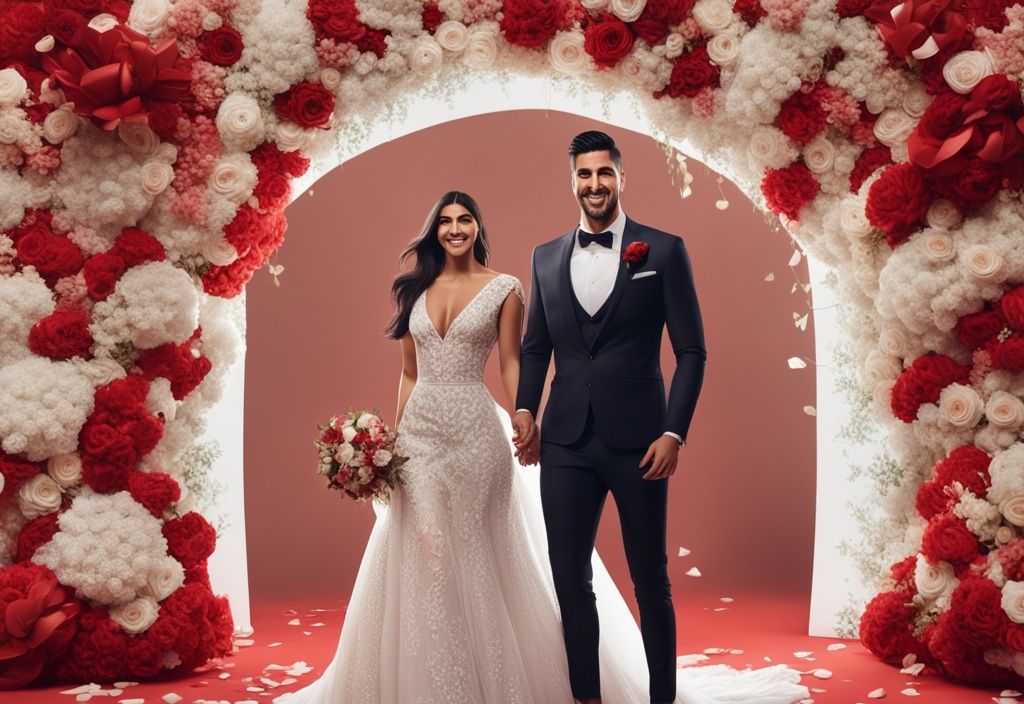 Emre Can Hochzeit: Emre Can im Anzug hält die Hand seiner Braut im Hochzeitskleid unter einem blumengeschmückten Bogen, beide lächelnd.