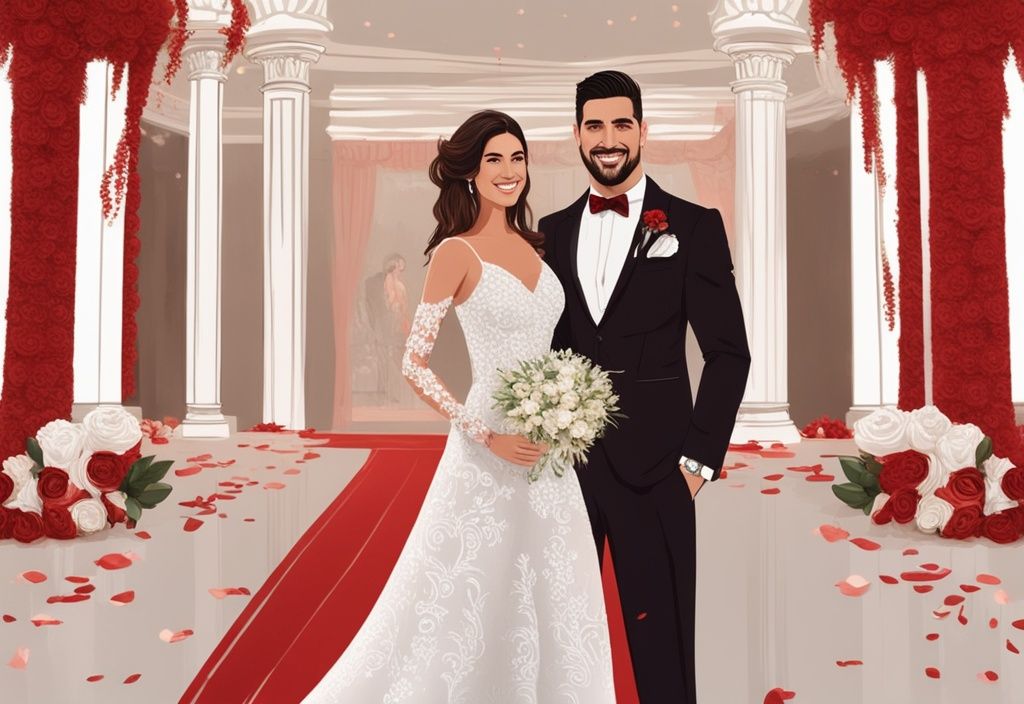 Emre Can im Anzug und seine Braut im weißen Hochzeitskleid, glücklich lächelnd in einem aufwendig dekorierten Hochzeitsort.