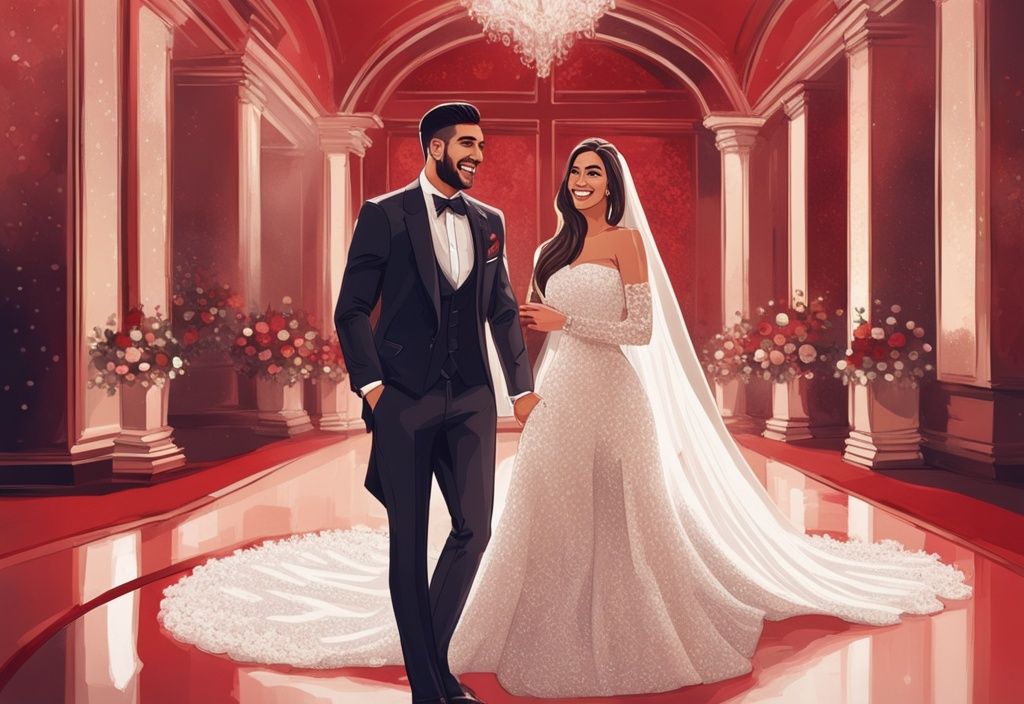 Emre Can im Anzug und seine Braut im weißen Hochzeitskleid lächelnd in einem prächtig dekorierten Hochzeitsort