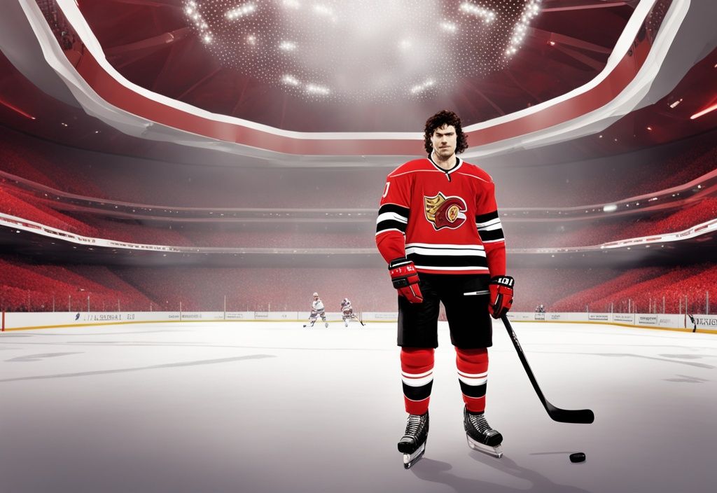 Jaromir Jagr in Hockey-Uniform in luxuriösem Ambiente, symbolisiert sein hohes Vermögen, realistisches rotes Farbschema