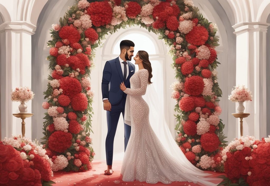 Emre Can Hochzeit: Emre Can im eleganten Anzug mit seiner Braut in einem atemberaubenden Hochzeitskleid unter einem wunderschön dekorierten Blumenbogen.