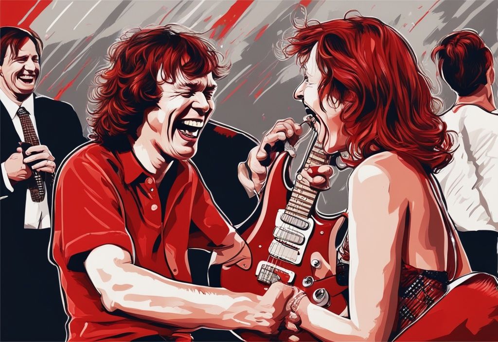 Realistische Illustration von Angus Young und seiner Ehefrau, lachend und einen privaten Witz genießend, Hauptfarbthema Rot