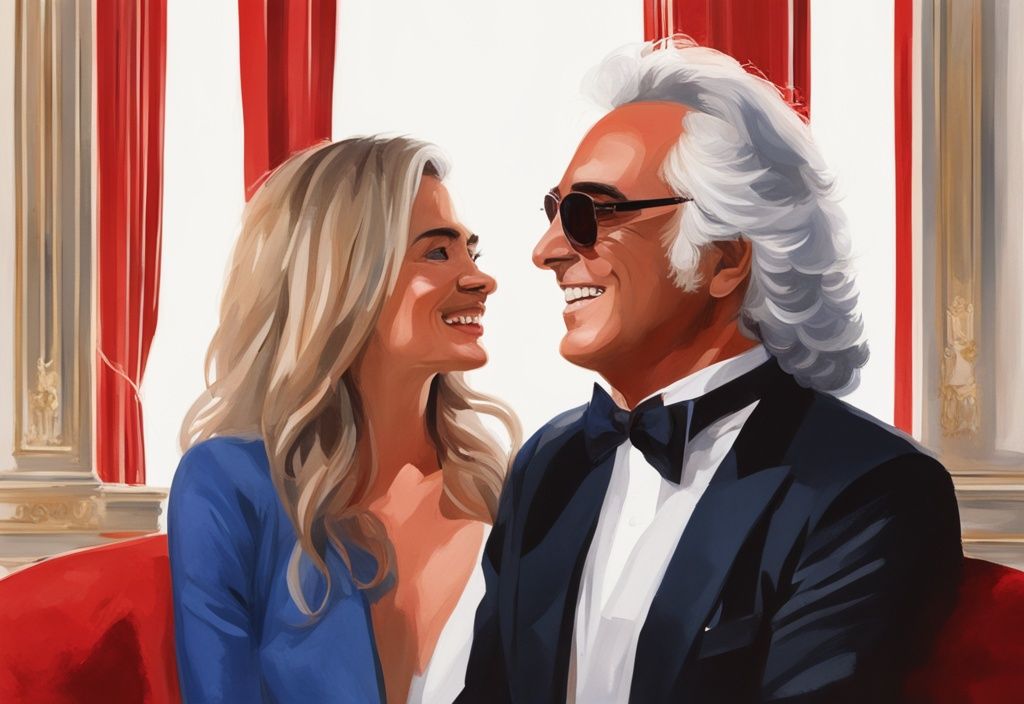 Porträt von Flavio Briatore mit Ehepartnerin, elegant gekleidet, lächelnd in einer luxuriösen Umgebung.