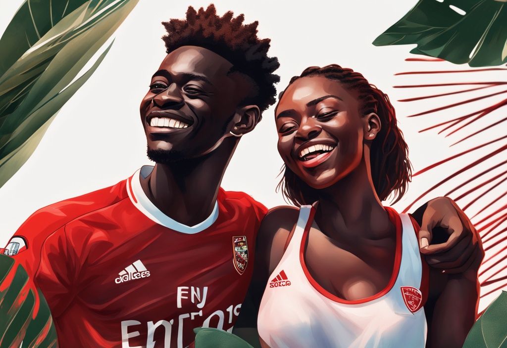 Bukayo Saka genießt einen fröhlichen Moment mit seiner Freundin, realistisches Bild, rotes Farbschema