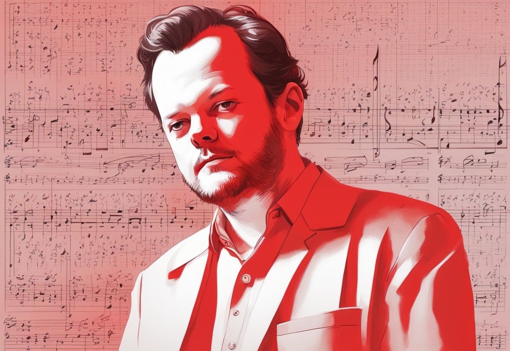 Andris Nelsons in nachdenklicher Pose mit musikalischen und gesundheitlichen Symbolen im Hintergrund, Hauptfarbton Rot