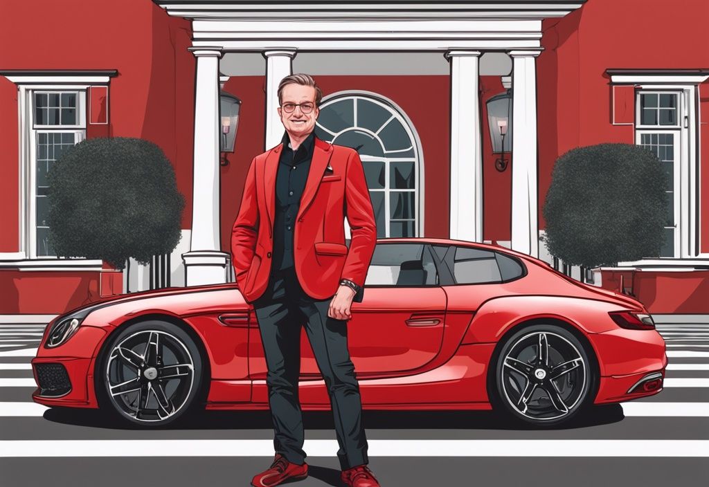 Simon Gosejohann Vermögen: Simon Gosejohann steht vor einer luxuriösen Villa und einem teuren Auto, rotes Farbschema.