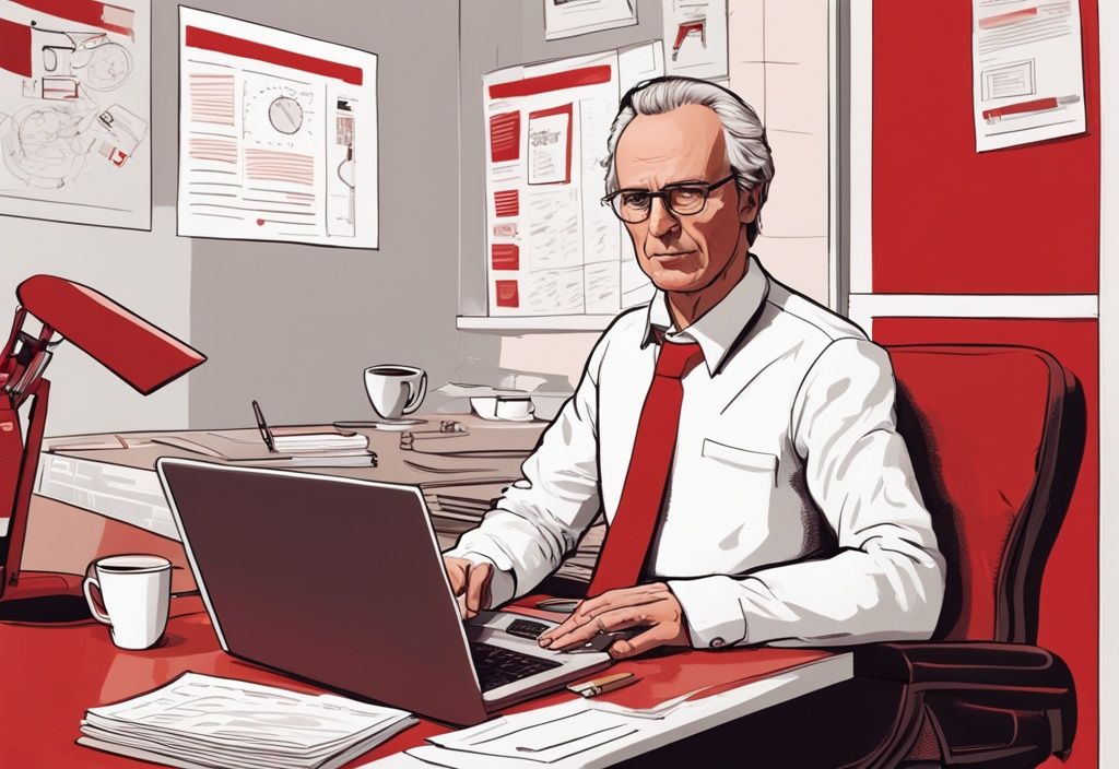 Realistische Illustration von Elias Beckenbauer in einem professionellen Umfeld mit Laptop, Papieren und Kaffeetasse, Hauptfarbthema rot.