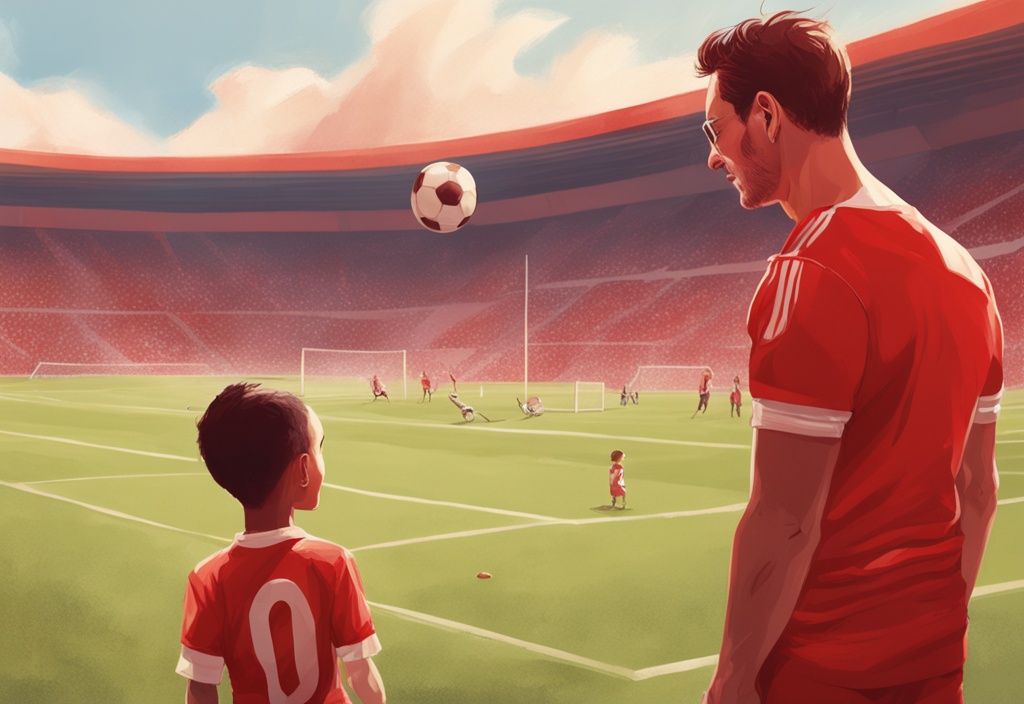 Realistische Illustration eines stolzen Vaters, Daniel Richard Musiala Vater, der seinem Sohn an einem sonnigen Tag beim Fußballspielen zusieht.