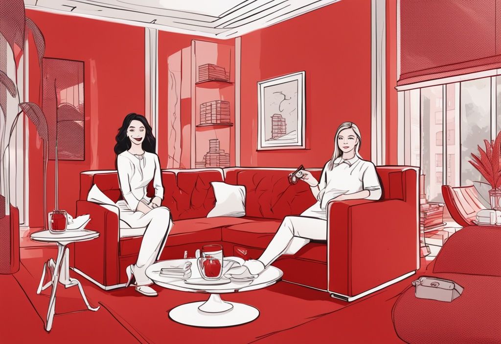 Realistische Illustration von Lisha und Lou, die ihren luxuriösen Lebensstil zeigen, mit einer visuellen Darstellung ihres Nettovermögens im Hintergrund, Hauptfarbthema rot.