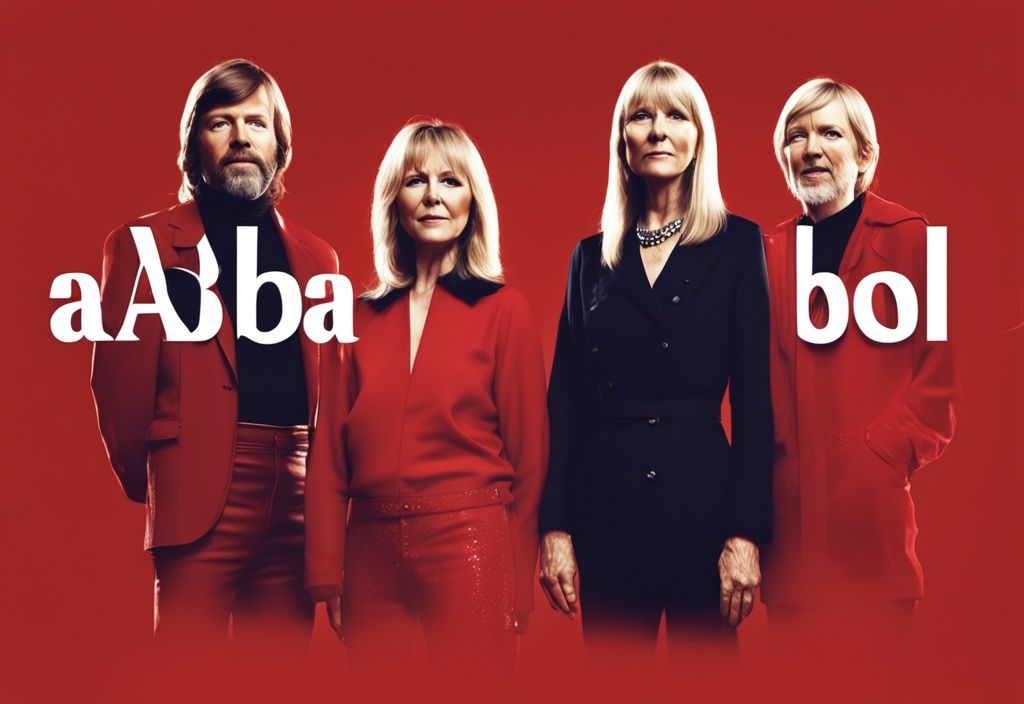 Realistische Illustration der vier ABBA-Mitglieder mit subtilen Alterslinien im Rampenlicht, ihre jeweiligen Altersangaben in stilvollen Schriften daneben, wie alt sind die ABBA Mitglieder.