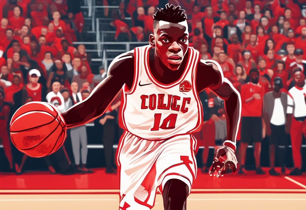 Dennis Schröder dribbelt konzentriert den Basketball auf dem Spielfeld, umgeben von jubelnden Zuschauern, in einer realistischen roten Illustration.