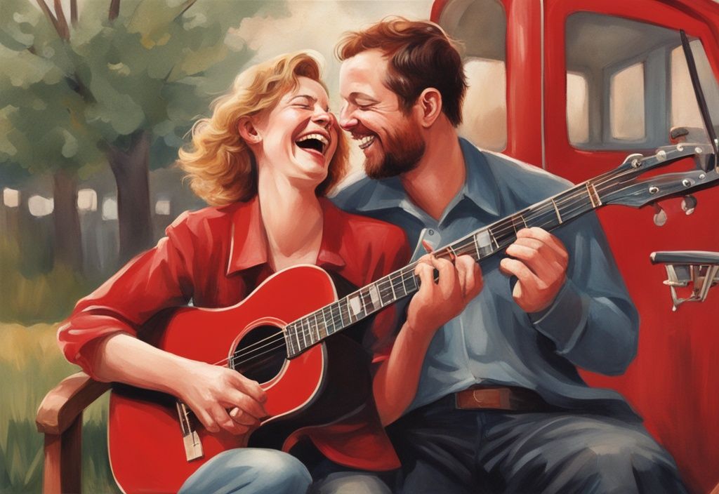 Frank Schöbel und Partnerin lachen, er spielt Gitarre, sie klatscht, realistisches Bild in Rot.