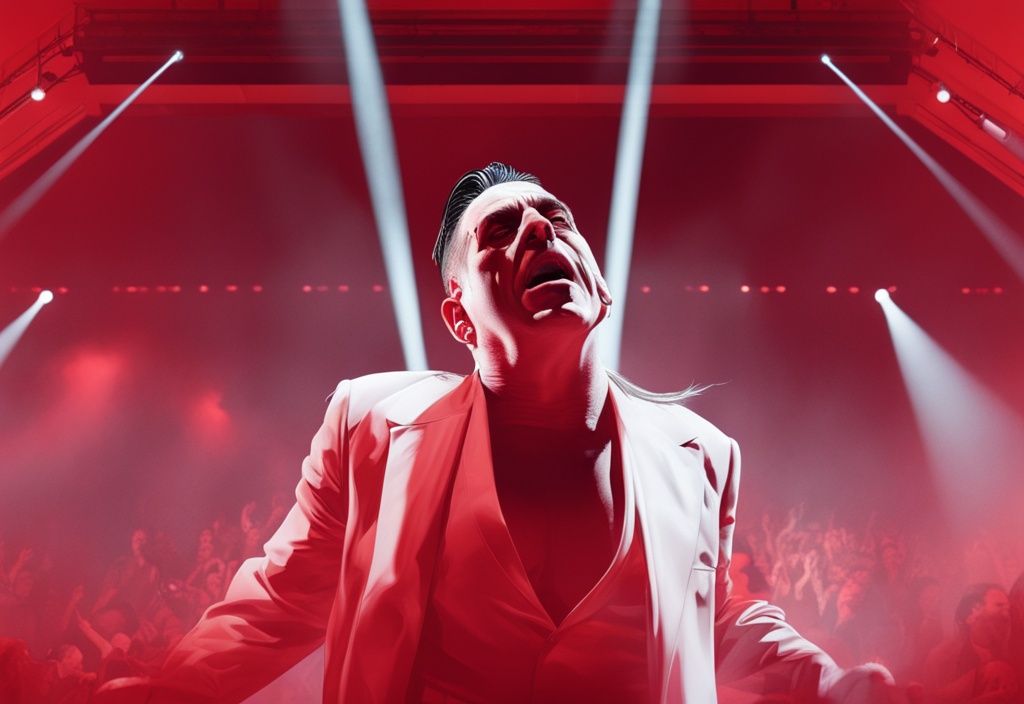 Till Lindemann auf der Bühne, leidenschaftlich performend unter dramatischer Beleuchtung, Hauptfarbthema rot