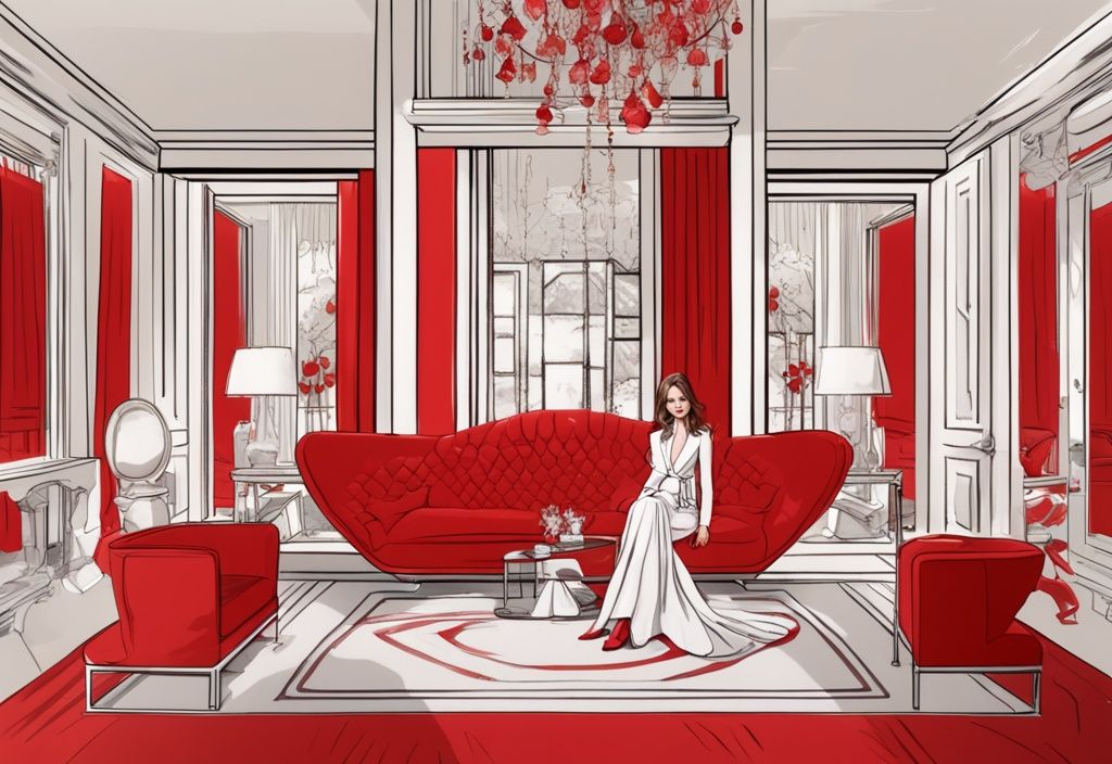 Realistische Illustration von Eva Brenner in luxuriösem Ambiente mit teuren Möbeln, Designerkleidung und exklusivem Hintergrund, Hauptfarbton Rot.