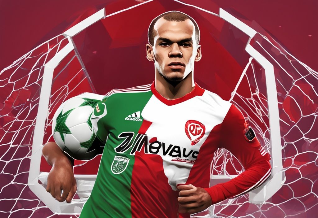 Martin Braithwaite in roter Fußballkleidung mit grafischer Darstellung seines Nettovermögens im Hintergrund