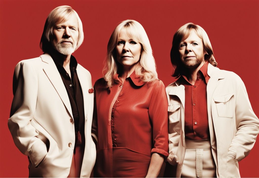 Realistische Illustration der ABBA-Mitglieder mit Altersangaben, rotes Farbschema, im Rampenlicht stehend - wie alt sind die ABBA Mitglieder.