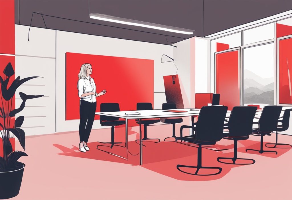 Realistische Illustration von Verena Nagelsmann bei einer Präsentation in einem modernen Büro, Hauptfarbe Rot