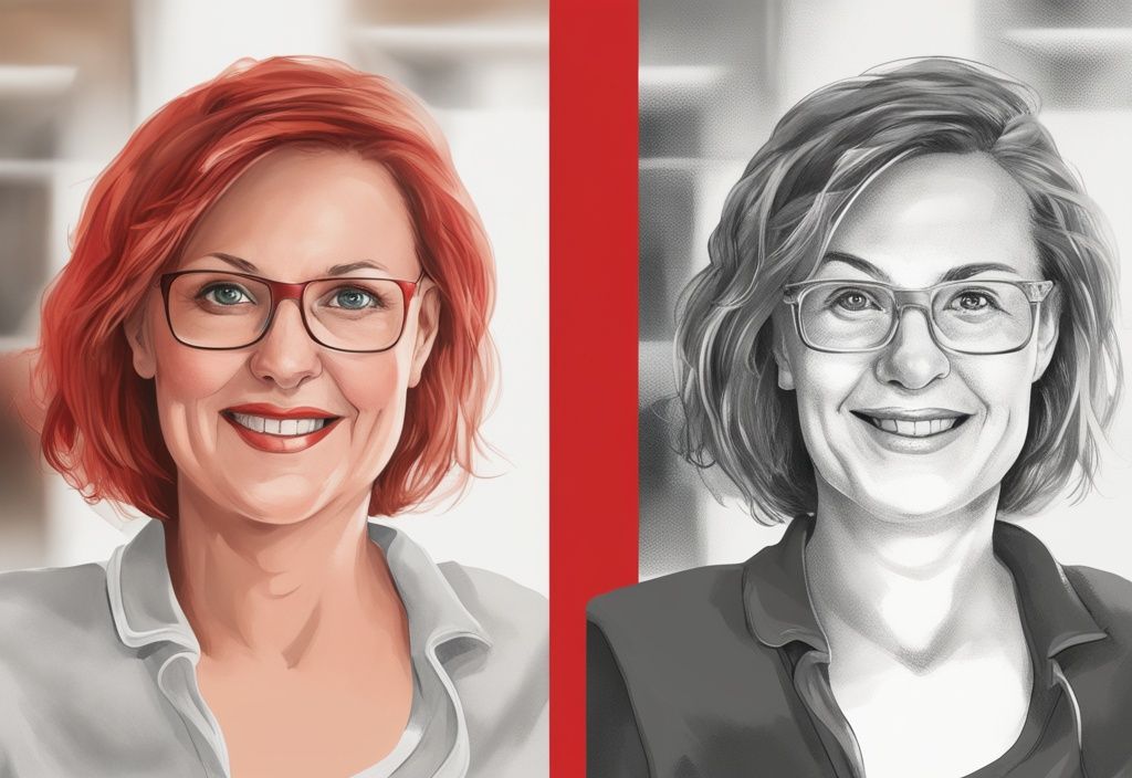 Realistische Illustration von Heike Greis vor und nach dem Abnehmen, zeigt ihre Gewichtsabnahme und gesünderen Lebensstil mit Fokus auf Sport und ausgewogene Ernährung, wie hat Heike Greis abgenommen