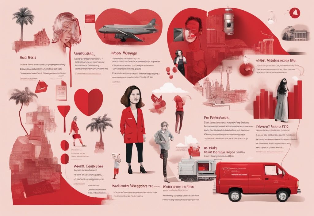 Realistische Illustration von Jana Wagenhubers Lebensweg in Rot, einschließlich ihrer frühen Jahre, Meilensteine ihrer Modelkarriere und persönliche Lebensereignisse