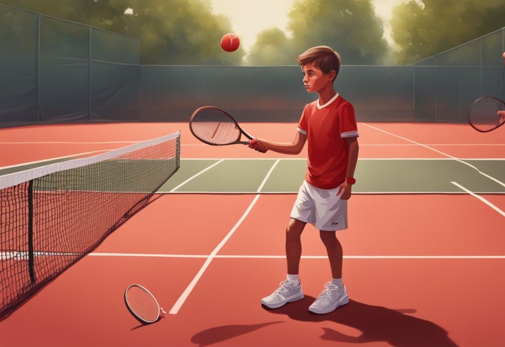 Realistische Illustration von Alexei Popyrin beim Tennistraining unter den wachsamen Augen seiner unterstützenden Eltern, Hauptfarbthema Rot. Alexei Popyrin Eltern.