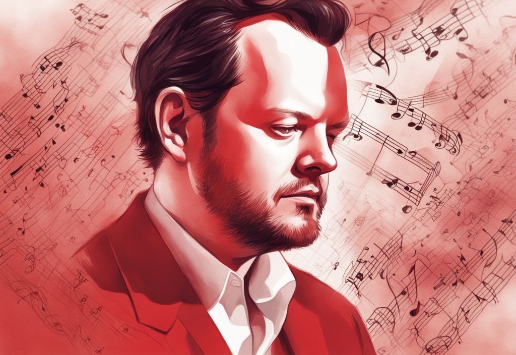 Andris Nelsons in nachdenklicher Pose mit musikalischen und gesundheitlichen Symbolen im roten Hintergrund