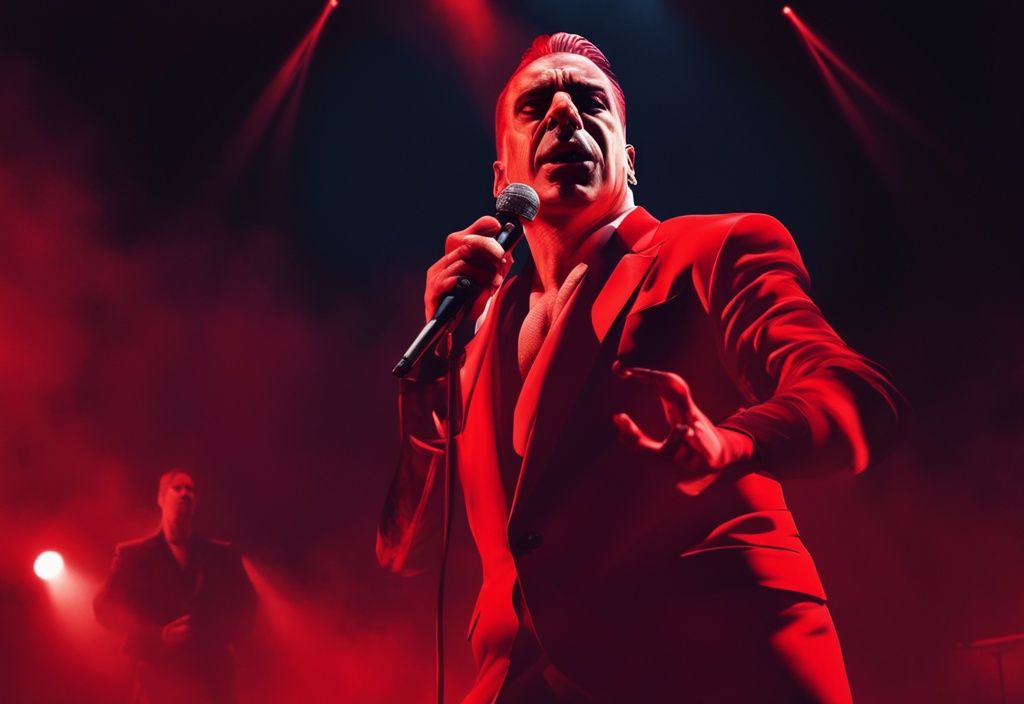 Till Lindemann auf der Bühne, leidenschaftlich performend unter dramatischer Beleuchtung, Hauptfarbthema Rot