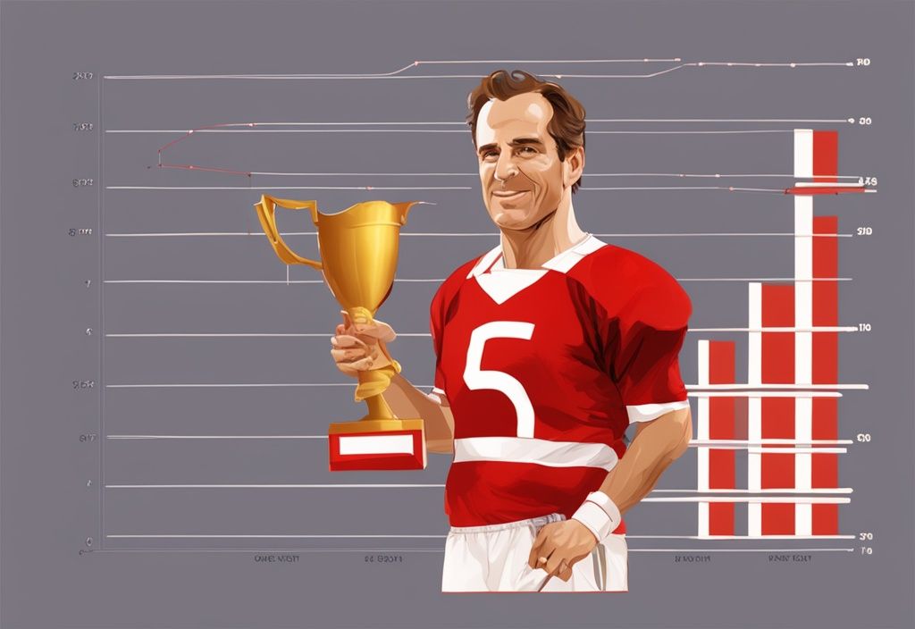 Pierre Littbarski in Fußballkleidung hält eine goldene Trophäe vor einem Balkendiagramm, das sein Vermögen darstellt.