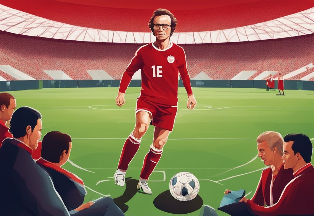 Realistische Illustration von Elias Beckenbauer in einem professionellen Umfeld mit roten Farbtönen, die auf seine Karriere und Erfolge hinweisen - wer ist Elias Beckenbauer.