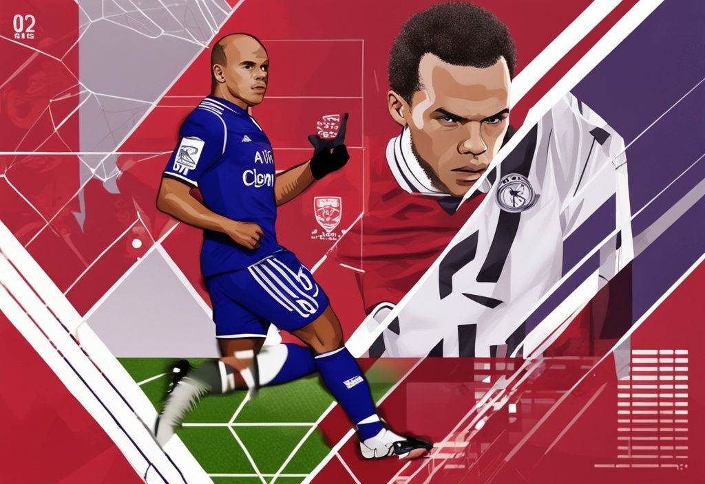 Realistische Illustration von Martin Braithwaite in Fußballkleidung mit grafischer Darstellung seines Nettovermögens im Hintergrund, Hauptfarbton rot