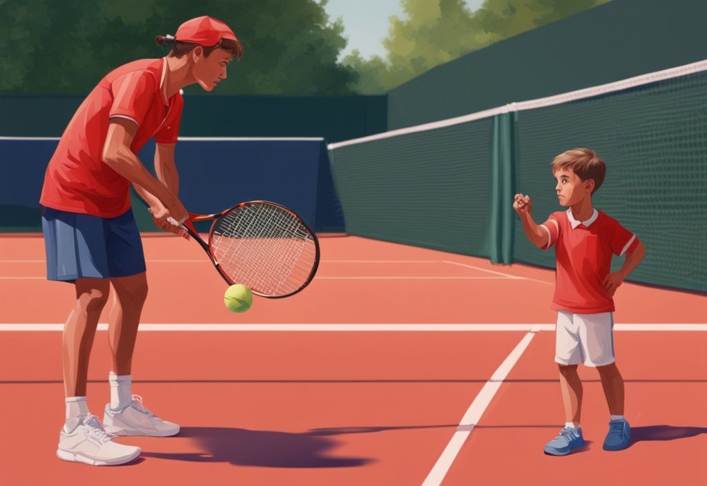 Realistische Illustration des jungen Alexei Popyrin beim Tennistraining unter den wachsamen Augen seiner unterstützenden Eltern, Alexei Popyrin Eltern.