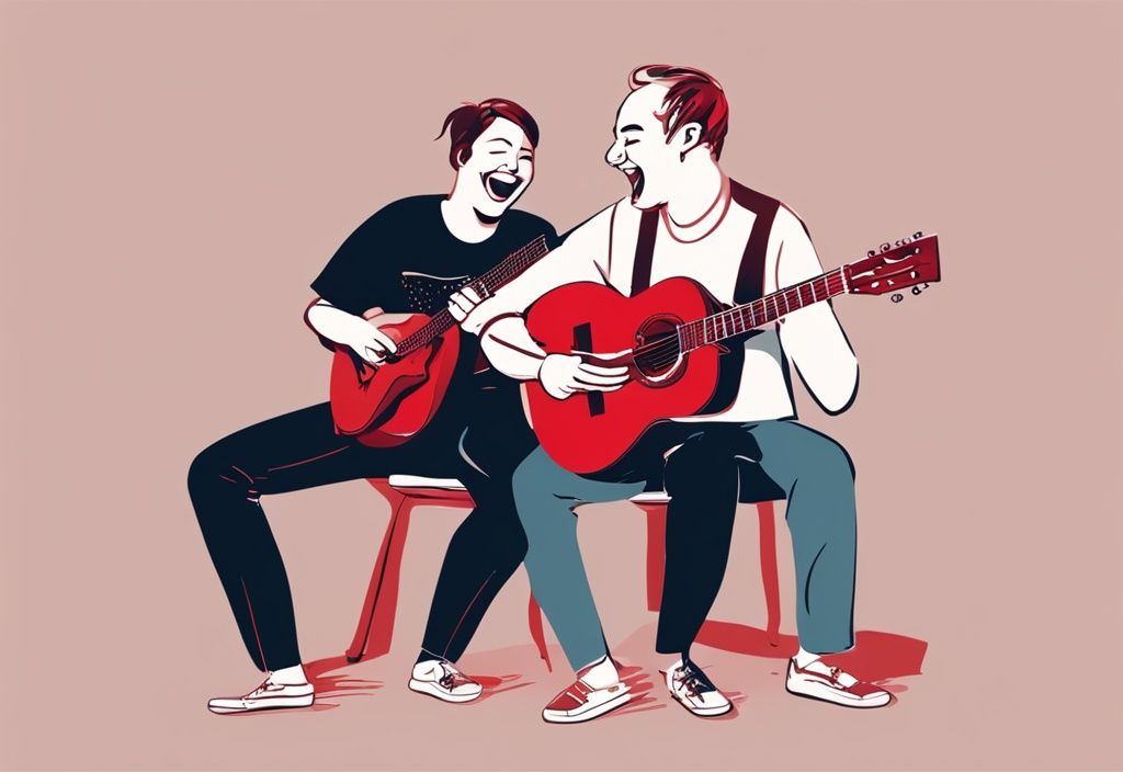 Frank Schöbel spielt Gitarre und lacht mit seiner Partnerin in einer realistischen Illustration mit rotem Farbschema.