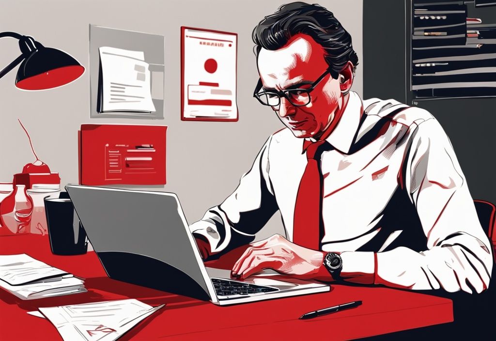 Realistische Illustration von Elias Beckenbauer in einem professionellen Umfeld mit Laptop, Papieren und Kaffeetasse, Hauptfarbe Rot