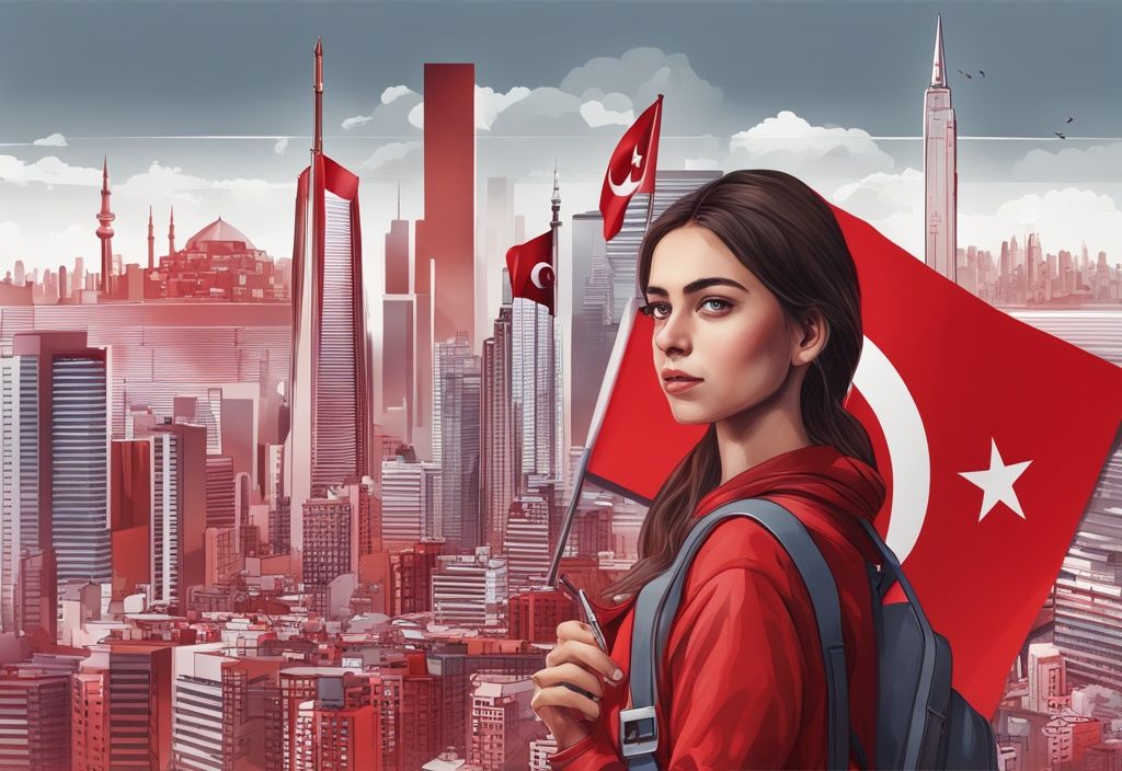 Realistische Illustration von Jasmin Erbas Herkunft, umgeben von türkischer Flagge, Computer für digitale Marketingkarriere und Stadtbild für städtische Erziehung in roter Farbgebung